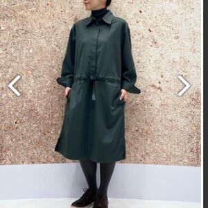 UNIQLO U Women’s Drawstring Long Sleeve Shirt Dress Dark Green Size L Minimalist